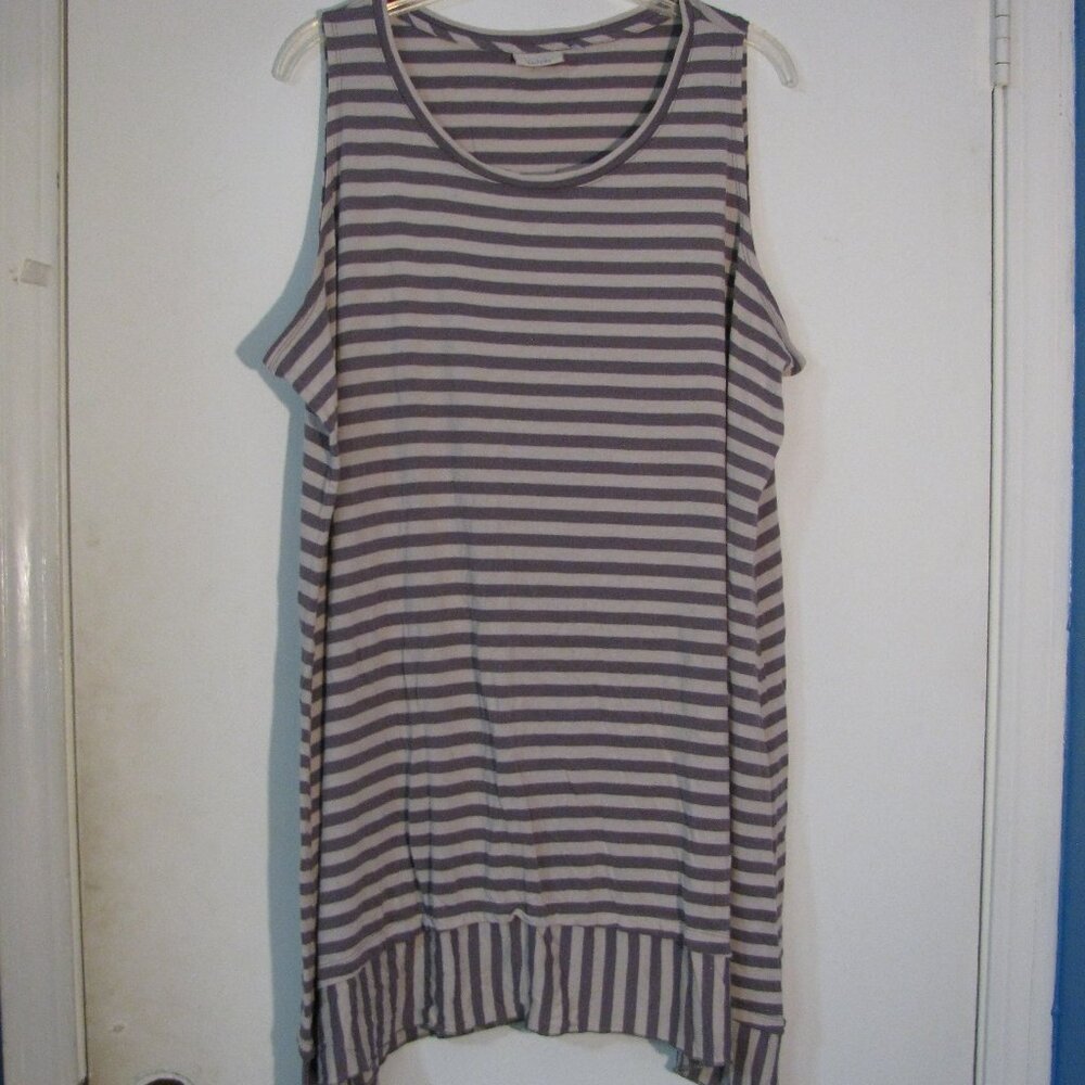 * Logo Lori Goldstein Mini Dress Purple Beige Tan Stripe Ruffled Hem Stretch